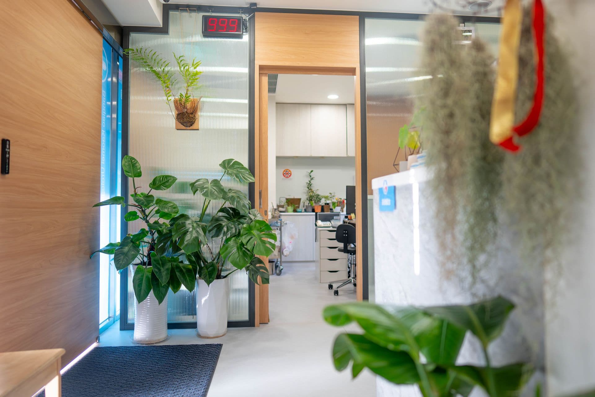 高美泌尿科診所大門入口,綠植與木質門框